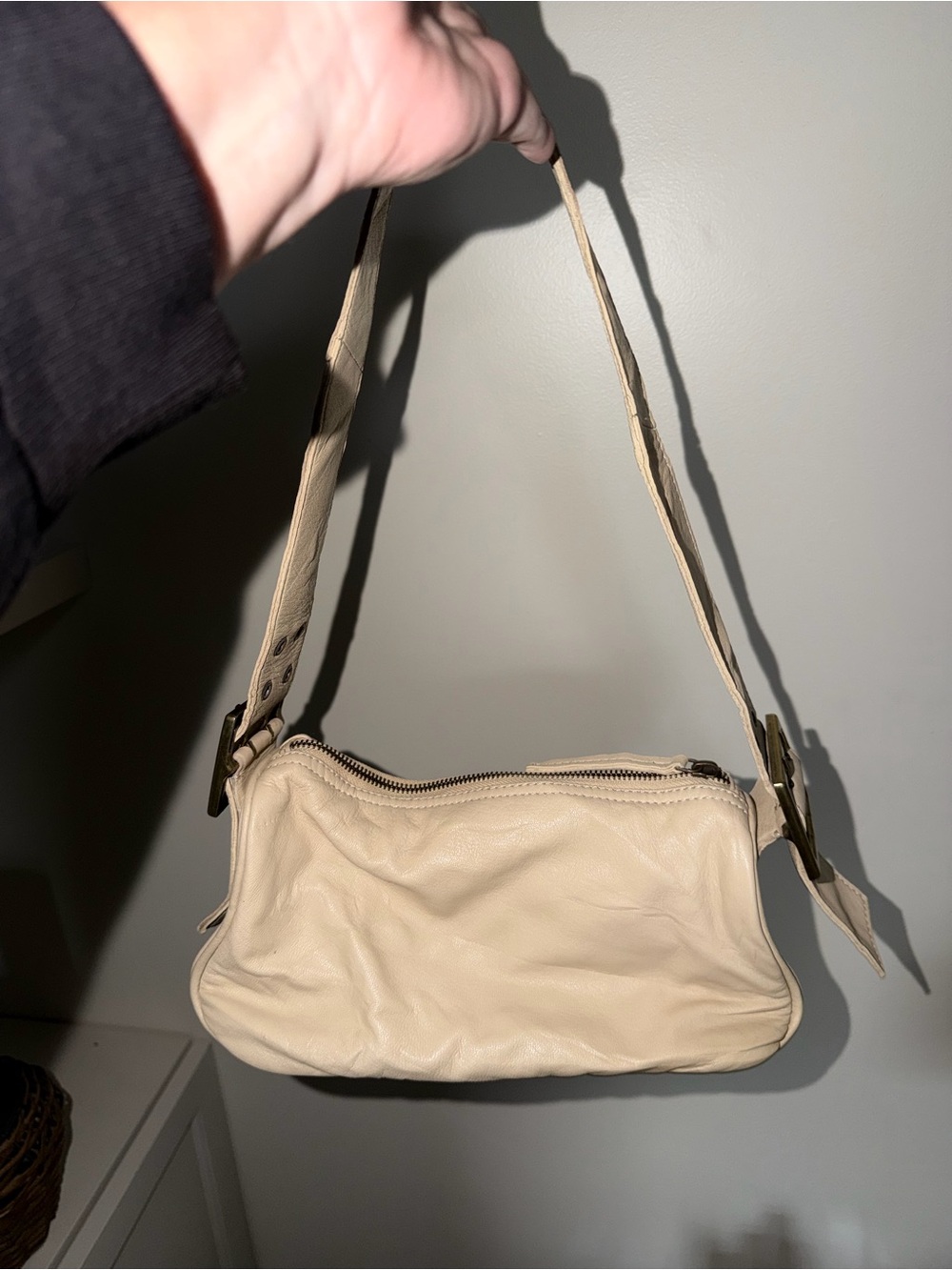 Free People Ivory Leather Hobo Shoulder Bag Wide Grommet Strap Boho